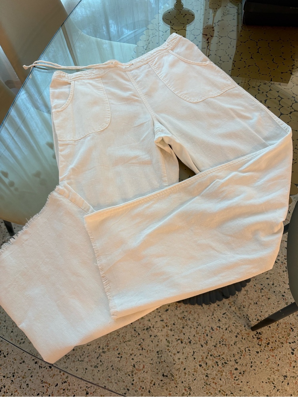 PER SE White Linen Blend Pants! Pull on! Pockets! Raw hems! Lightweight! Size 10